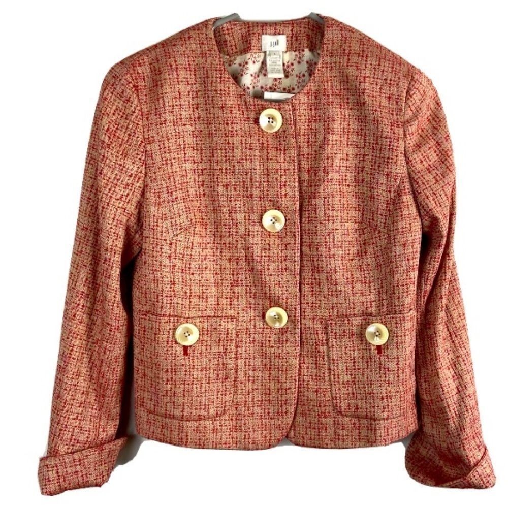 J Jill NWT blazer Jacket red ivory woven tweed textured buttons pockets size 6